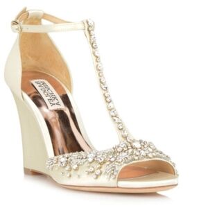 Badgley Mischka SARAH Embellished Wedge Ivory Evening Shoe, Size 7.5